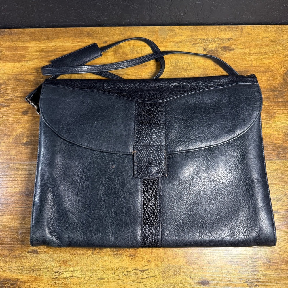 Vintage Bagaggio Black Leather Messenger Briefcase Bag Large Crossbody Travel